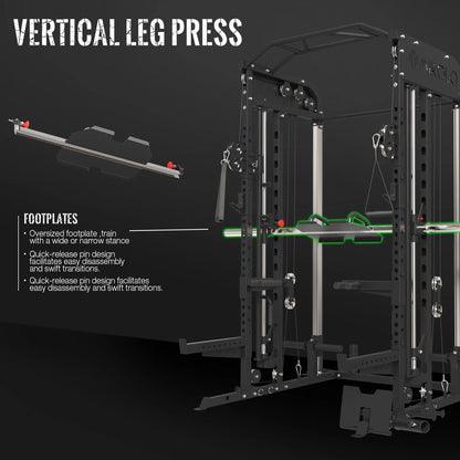 Smith Machine, All-In-One Power Rack Cage with Vertical Leg Press and Smith Bar, with 800 Lbs Capacity Weight Bench and 1500 Lbs Capacity Barbell Combo