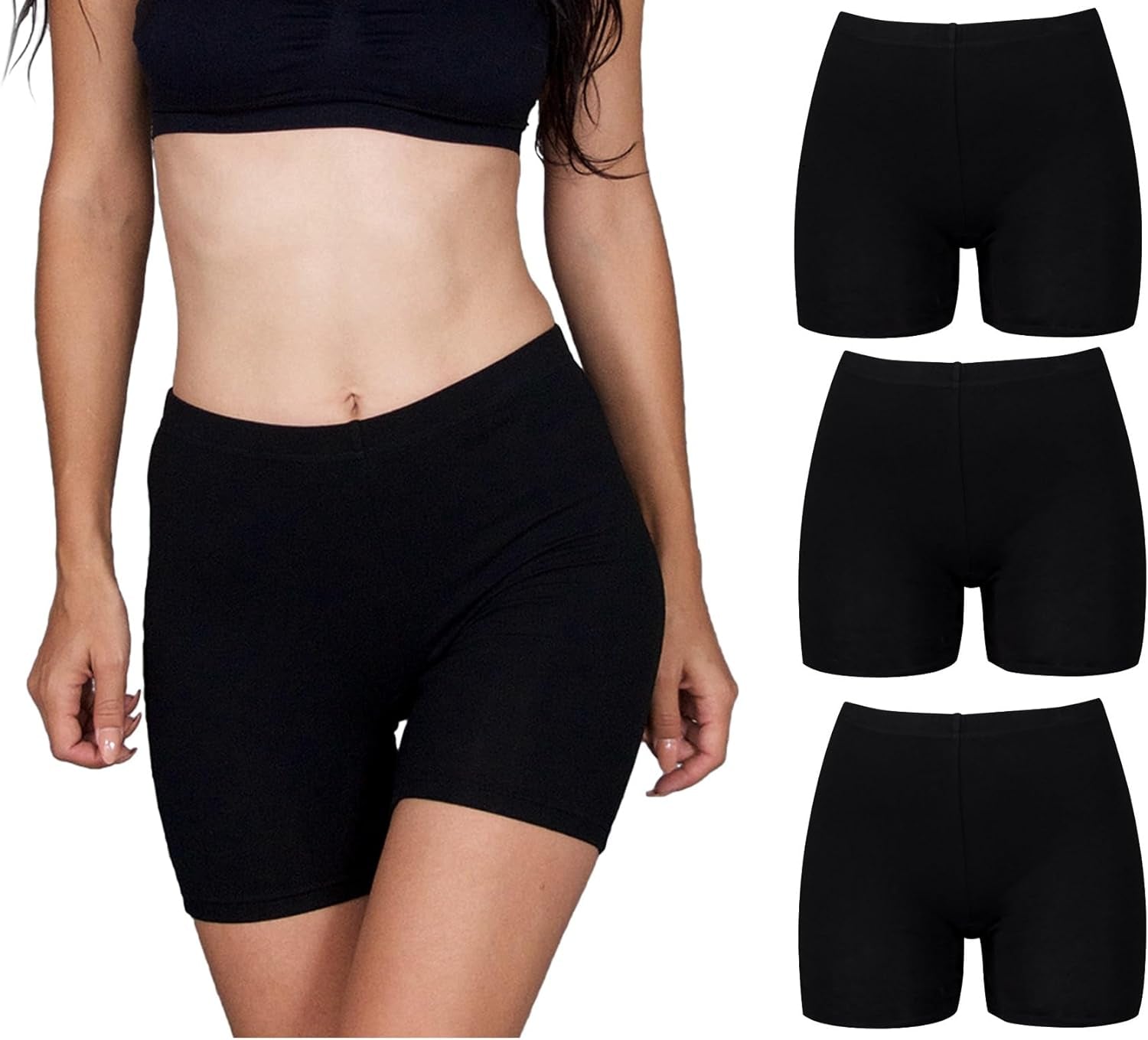 Slip Shorts | 3-Pack Black Bike Shorts | Cotton Spandex Stretch Boyshorts for Yoga