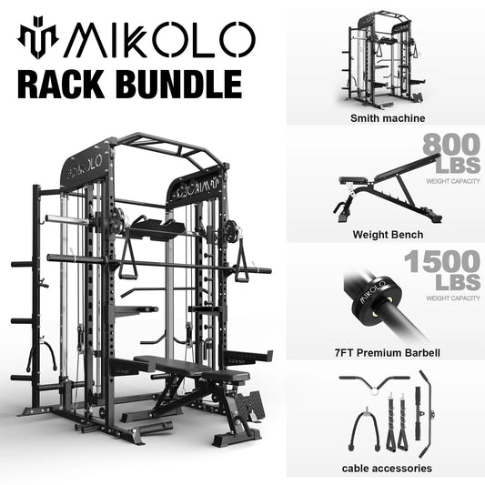 Ultimate Mikolo Smith Machine Gym Set Smith w/ 800 Lbs Capacity Weight Bench - 1500 Lbs Capacity Bar